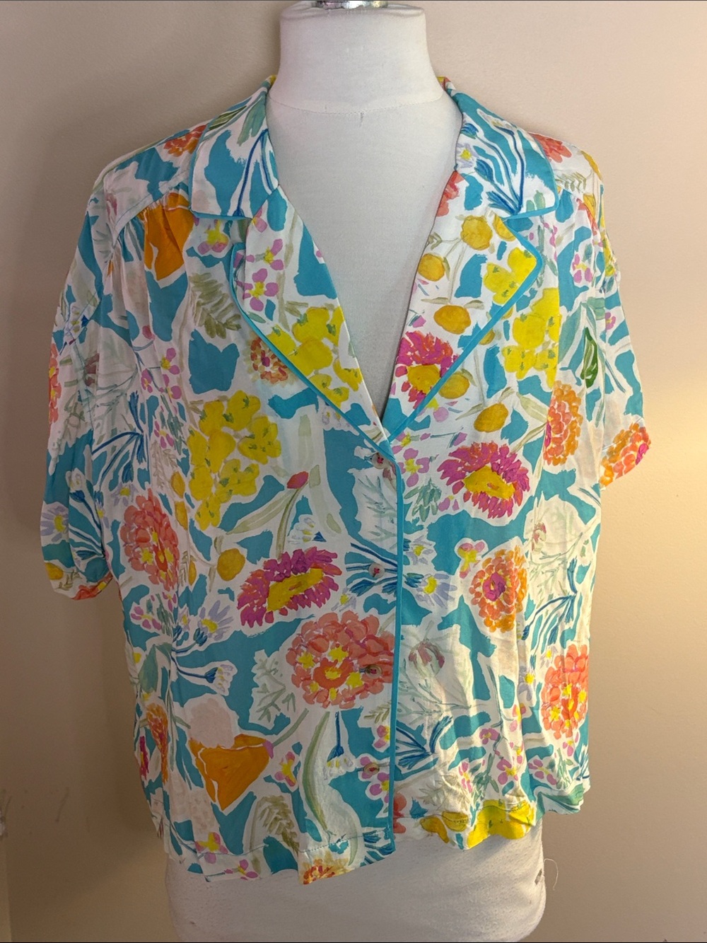 Anthropologie Turquoise Floral Short Sleeve Button-Down